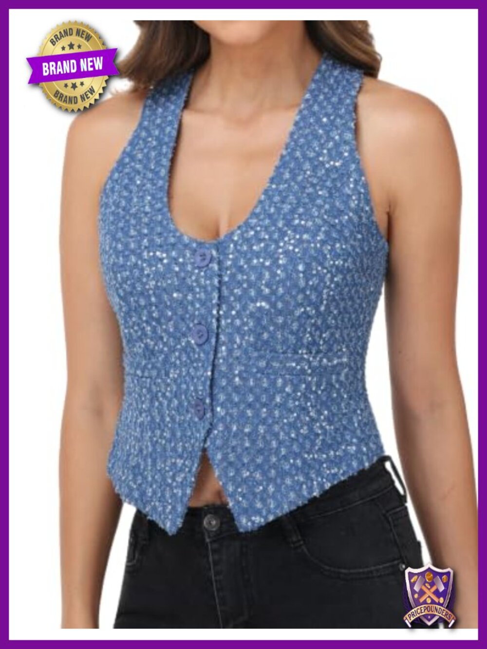 Rhinestone Sequin Denim Vest Crop Sleeveless Racerback Button Up